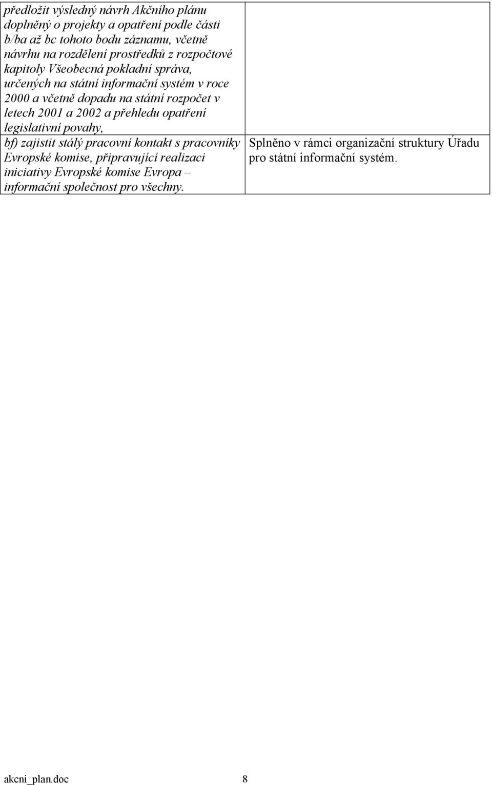 letech 2001 a 2002 a přehledu opatření legislativní povahy, bf) zajistit stálý pracovní kontakt s pracovníky Evropské komise, připravující realizaci