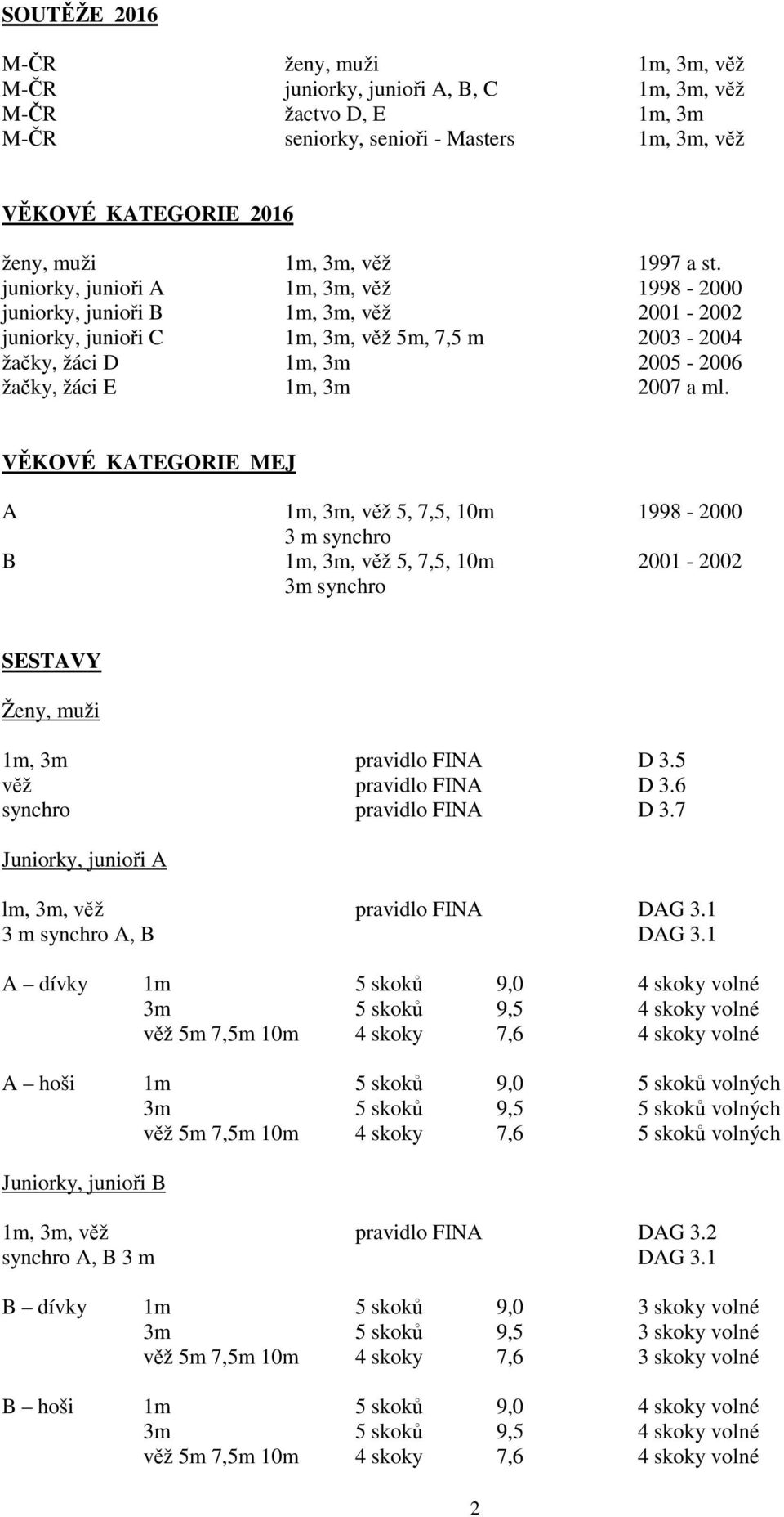 juniorky, junioři A 1m, 3m, věž 1998-2000 juniorky, junioři B 1m, 3m, věž 2001-2002 juniorky, junioři C 1m, 3m, věž 5m, 7,5 m 2003-2004 žačky, žáci D 1m, 3m 2005-2006 žačky, žáci E 1m, 3m 2007 a ml.