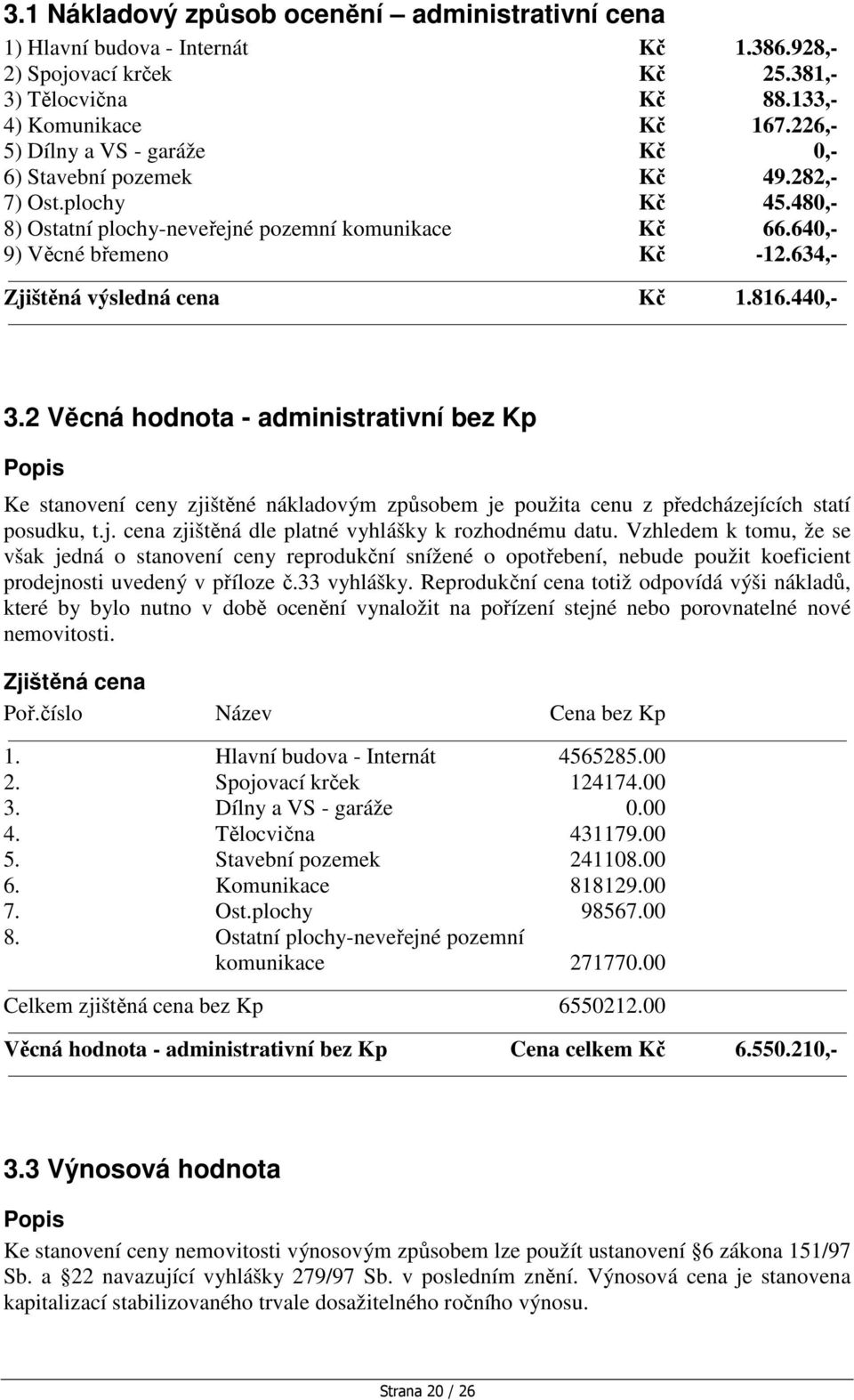 634,- Zjištěná výsledná cena Kč 1.816.440,- 3.2 Věcná hodnota - administrativní bez Kp Popis Ke stanovení ceny zjištěné nákladovým způsobem je použita cenu z předcházejících statí posudku, t.j. cena zjištěná dle platné vyhlášky k rozhodnému datu.