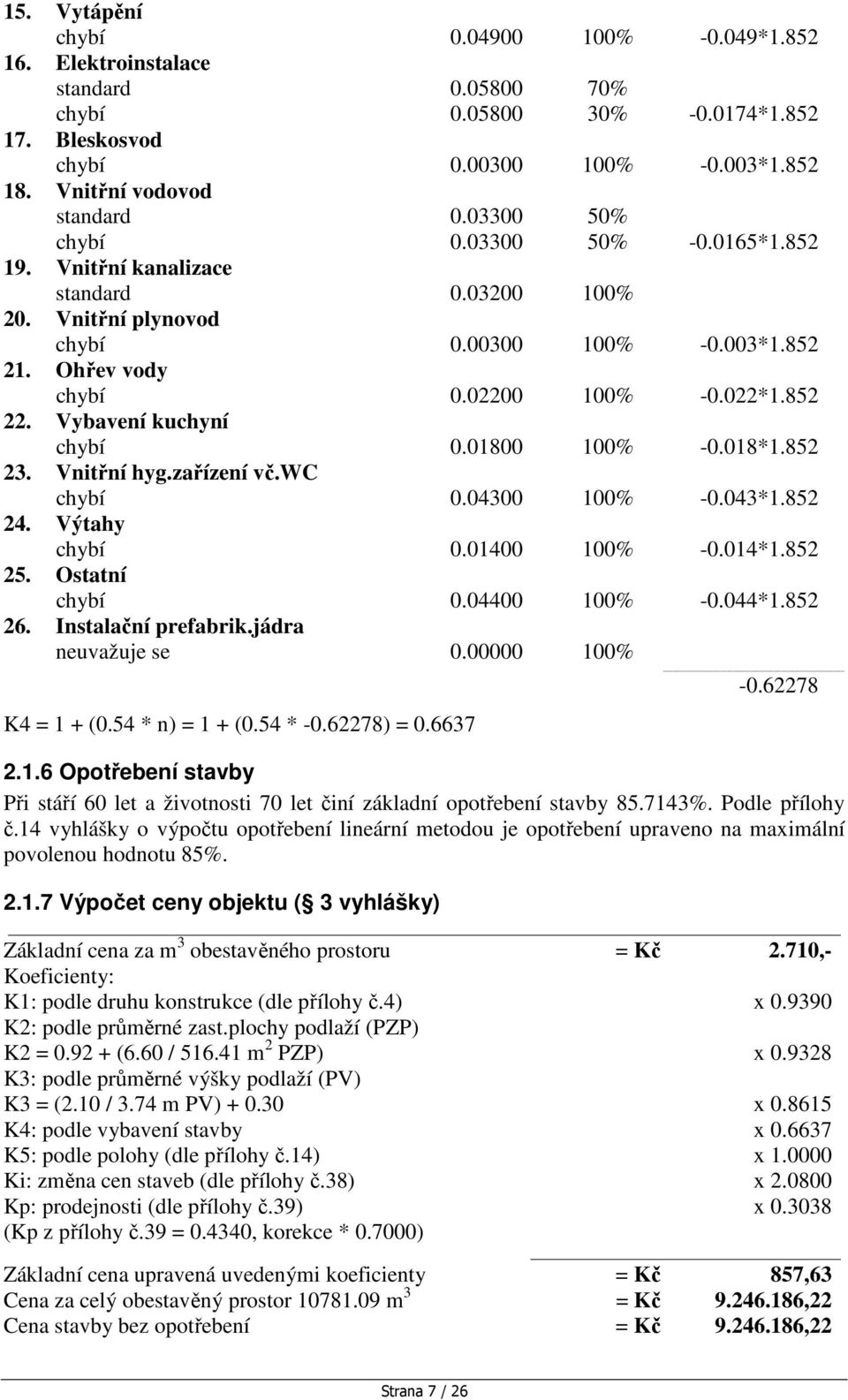 Vybavení kuchyní chybí 0.01800 100% -0.018*1.852 23. Vnitřní hyg.zařízení vč.wc chybí 0.04300 100% -0.043*1.852 24. Výtahy chybí 0.01400 100% -0.014*1.852 25. Ostatní chybí 0.04400 100% -0.044*1.