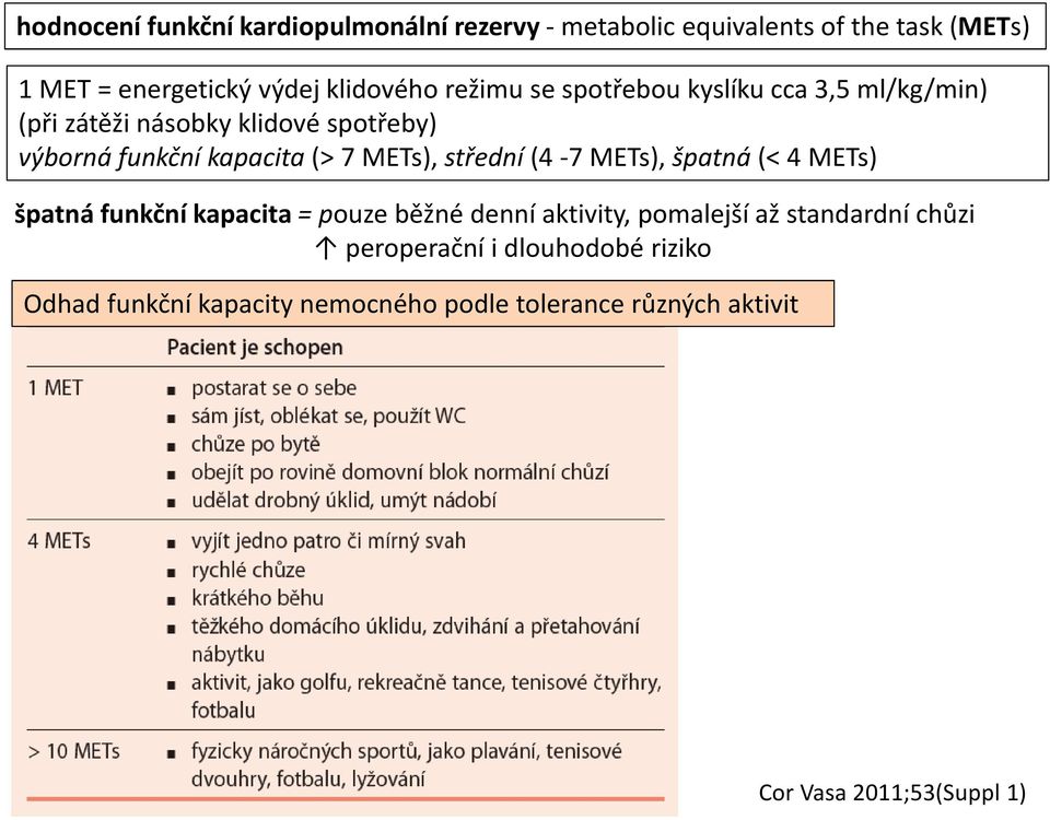 střední (4-7 METs),špatná (< 4 METs) špatná funkční kapacita = pouze běžné denní aktivity, pomalejší až standardní chůzi