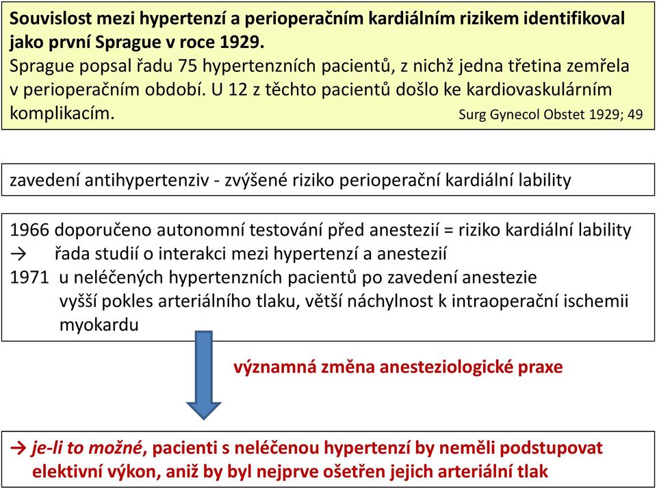 Surg Gynecol Obstet 1929; 49 zavedení antihypertenziv -zvýšené riziko perioperačníkardiální lability 1966 doporučeno autonomní testování před anestezií = riziko kardiální lability řada studií o