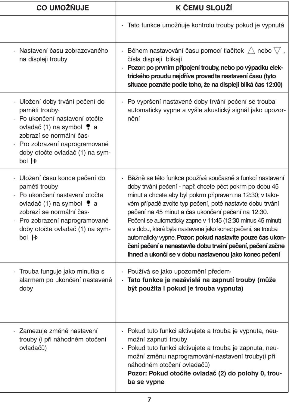 (1) na symbol a zobrazí se normální čas Pro zobrazení naprogramované doby otočte ovladač (1) na symbol Trouba funguje jako minutka s alarmem po ukončení nastavené doby Během nastavování času pomocí