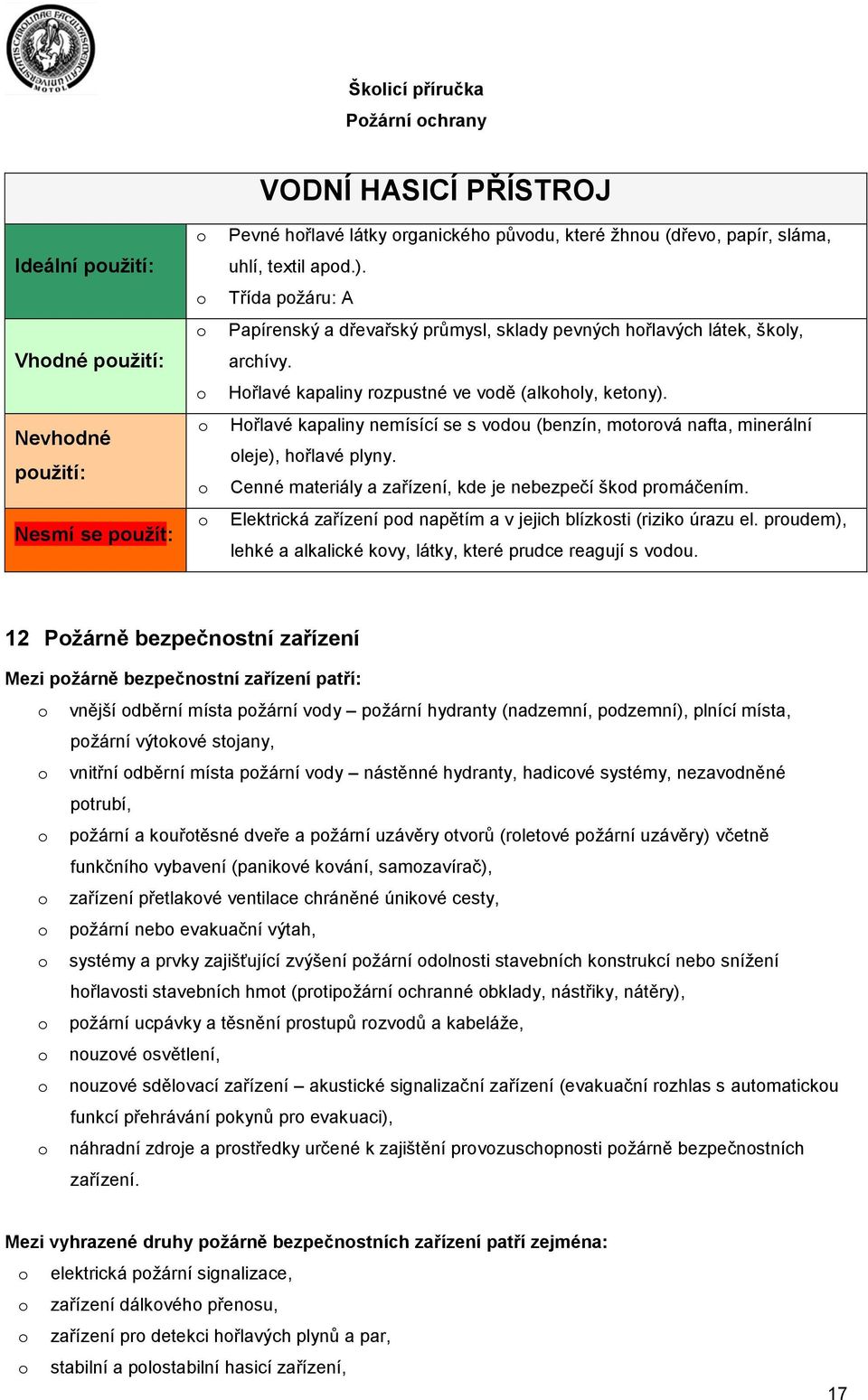 Hřlavé kapaliny nemísící se s vdu (benzín, mtrvá nafta, minerální leje), hřlavé plyny. Cenné materiály a zařízení, kde je nebezpečí škd prmáčením.