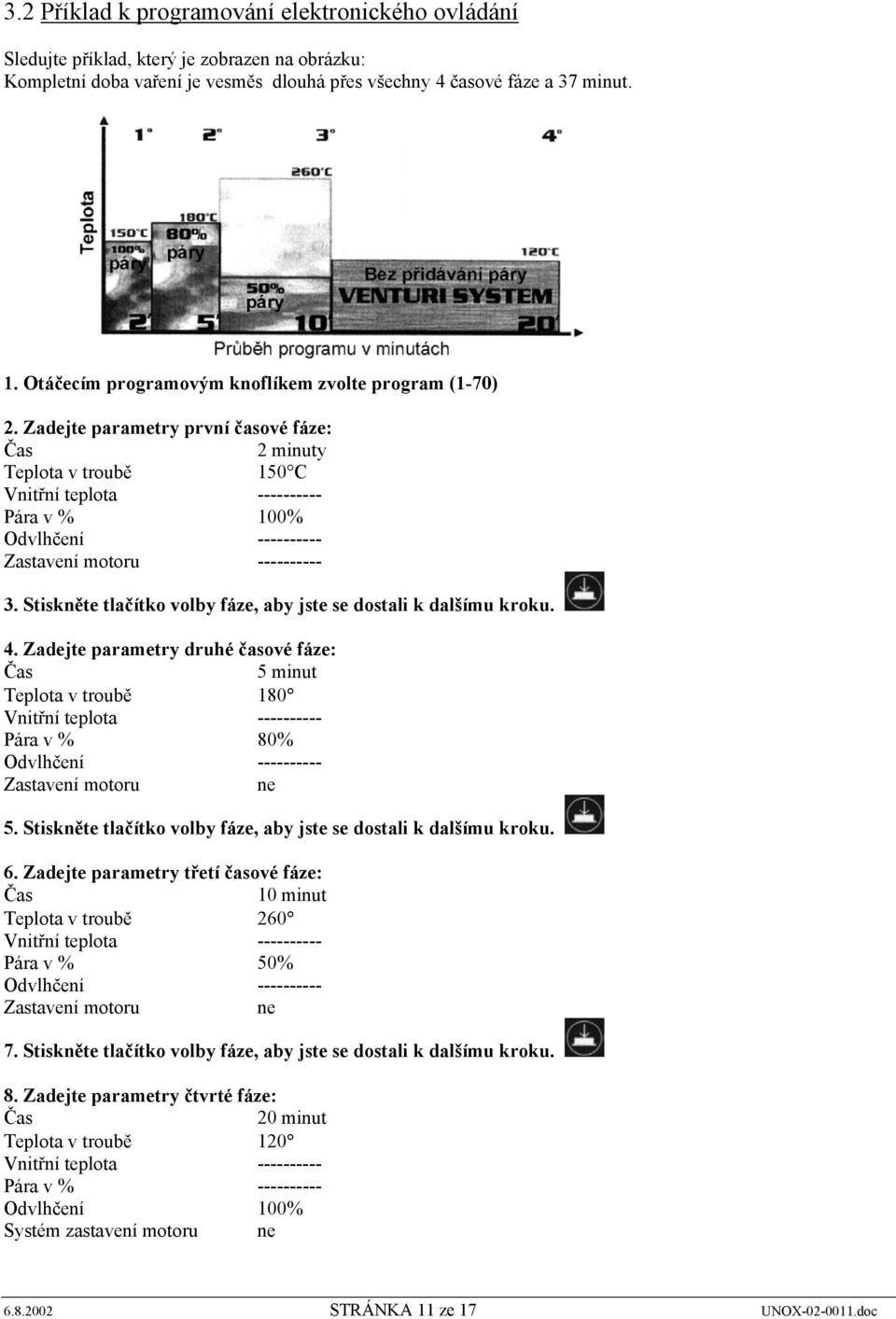 Zadejte parametry první časové fáze: Čas 2 minuty Teplota v troubě 150 C Vnitřní teplota ---------- Pára v % 100% Odvlhčení ---------- Zastavení motoru ---------- 3.