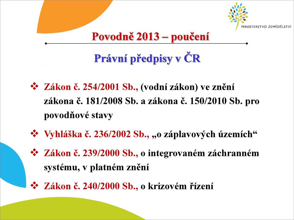 pro povodňové stavy Vyhláška č. 236/2002 Sb.