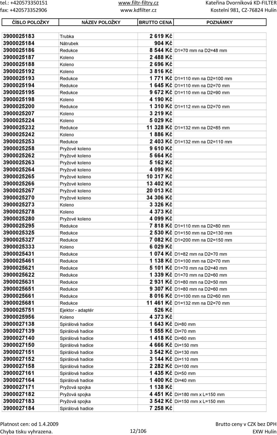 Koleno 4 190 Kč 3900025200 Redukce 1 310 Kč D1=112 mm na D2=70 mm 3900025207 Koleno 3 219 Kč 3900025224 Koleno 5 029 Kč 3900025232 Redukce 11 328 Kč D1=132 mm na D2=85 mm 3900025242 Koleno 1 886 Kč