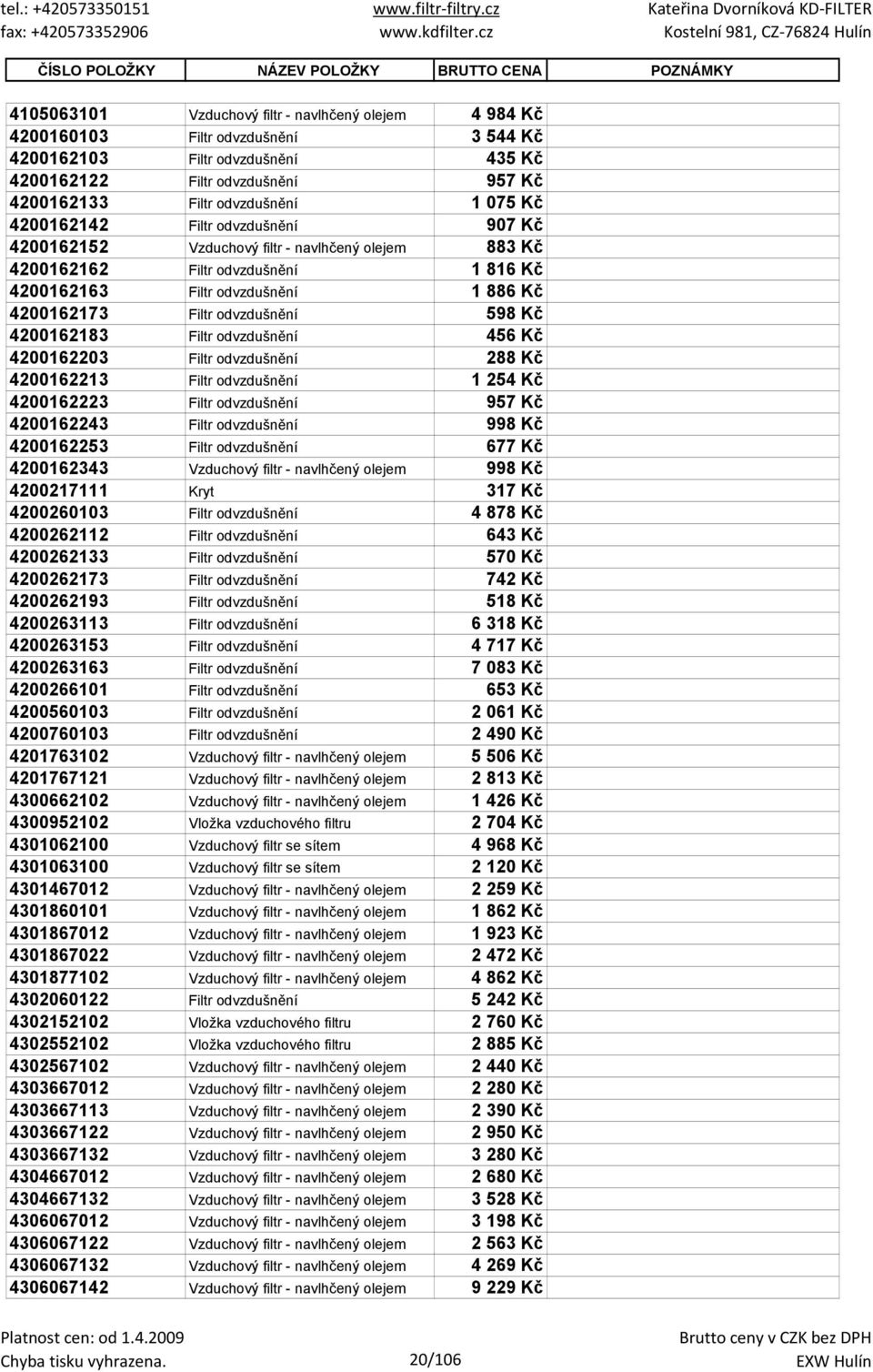 Filtr odvzdušnění 1 886 Kč 4200162173 Filtr odvzdušnění 598 Kč 4200162183 Filtr odvzdušnění 456 Kč 4200162203 Filtr odvzdušnění 288 Kč 4200162213 Filtr odvzdušnění 1 254 Kč 4200162223 Filtr