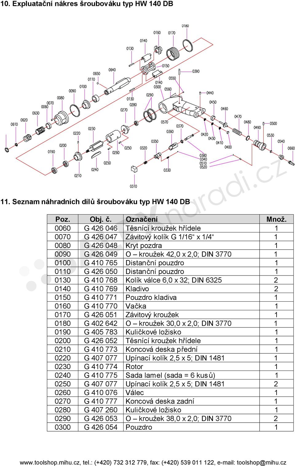 0110 G 426 050 Distanční pouzdro 1 0130 G 410 768 Kolík válce 6,0 x 32; DIN 6325 2 0140 G 410 769 Kladivo 2 0150 G 410 771 Pouzdro kladiva 1 0160 G 410 770 Vačka 1 0170 G 426 051 Závitový kroužek 1