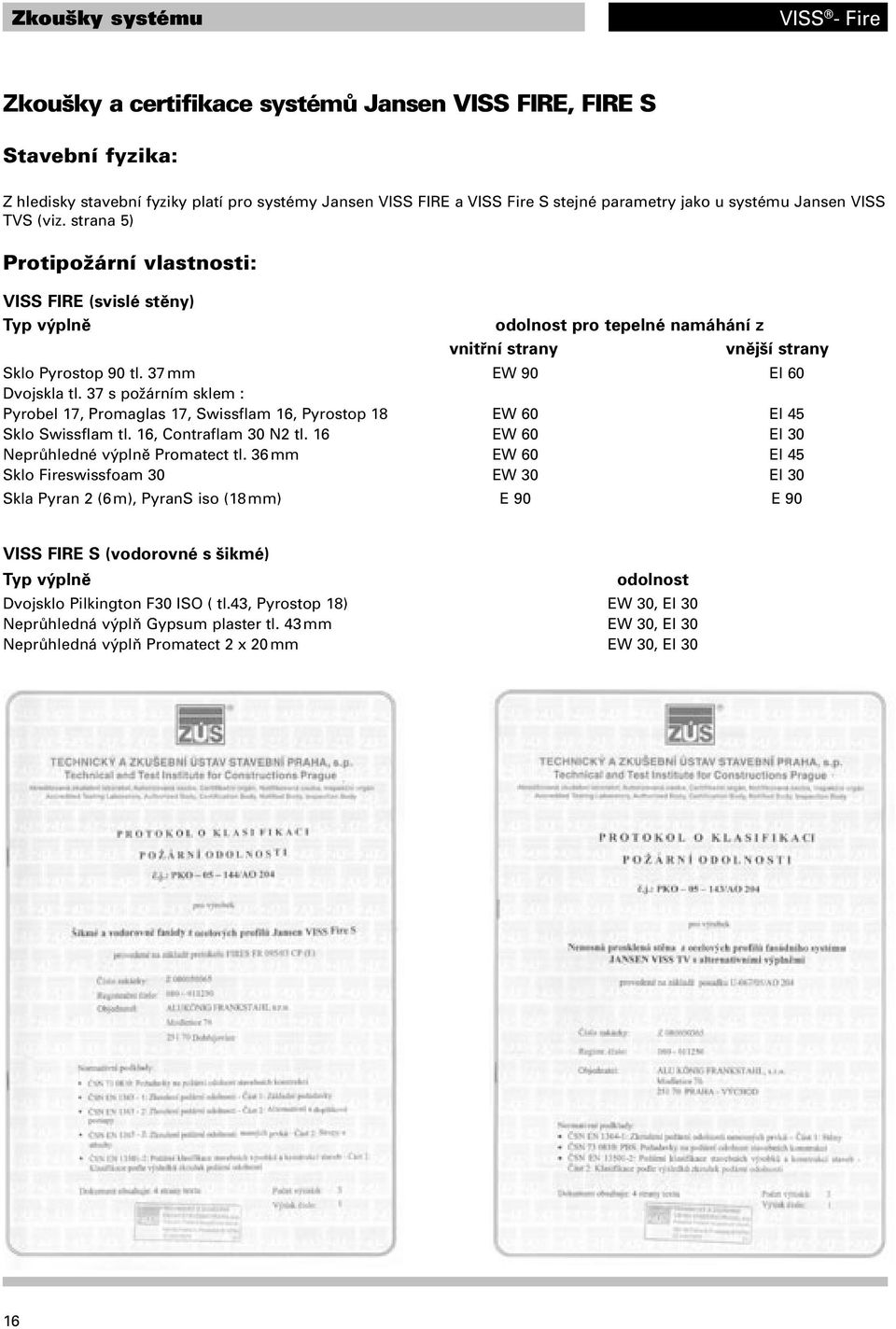 37 mm EW 90 EI 60 Dvojskla tl. 37 s požárním sklem : Pyrobel, Promaglas, Swissflam 16, Pyrostop 18 EW 60 EI 45 Sklo Swissflam tl. 16, Contraflam 30 N tl.