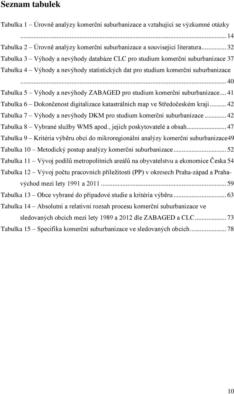 .. 40 Tabulka 5 Výhody a nevýhody ZABAGED pro studium komerční suburbanizace... 41 Tabulka 6 Dokončenost digitalizace katastrálních map ve Středočeském kraji.