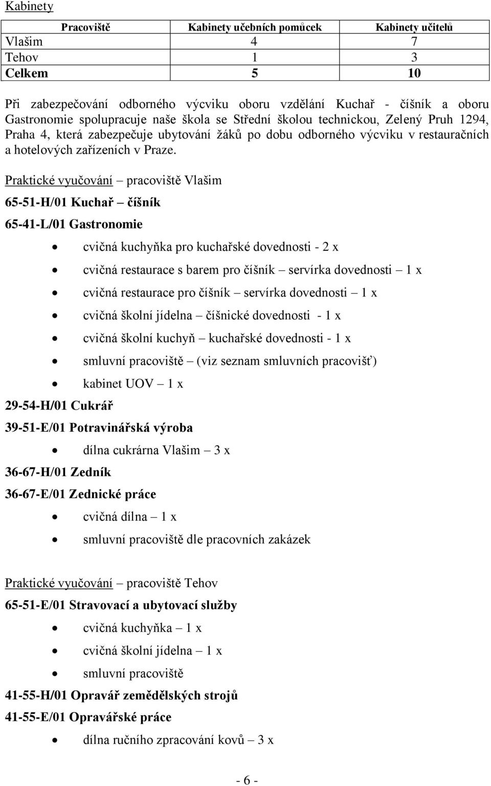 Praktické vyučování pracoviště Vlašim 65-51-H/01 Kuchař číšník 65-41-L/01 Gastronomie 29-54-H/01 Cukrář cvičná kuchyňka pro kuchařské dovednosti - 2 x cvičná restaurace s barem pro číšník servírka