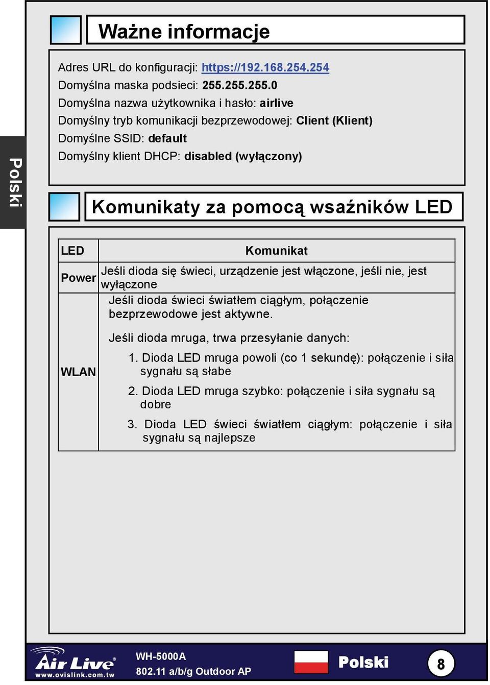 za pomocą wsaźników LED LED Komunikat Jeśli dioda się świeci, urządzenie jest włączone, jeśli nie, jest Power wyłączone Jeśli dioda świeci światłem ciągłym, połączenie bezprzewodowe jest