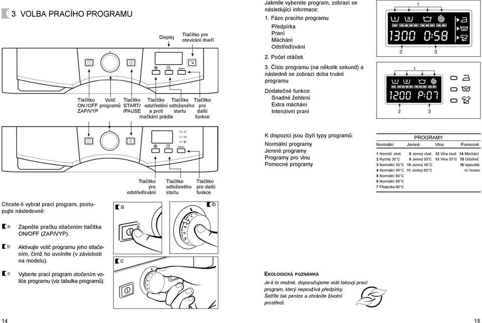 Číslo programu (na několik sekund) a následně se zobrazí doba trvání programu Dodatečné funkce: Snadné žehlení Extra máchání Intenzivní praní Chcete-li vybrat prací program, postupujte následovně: