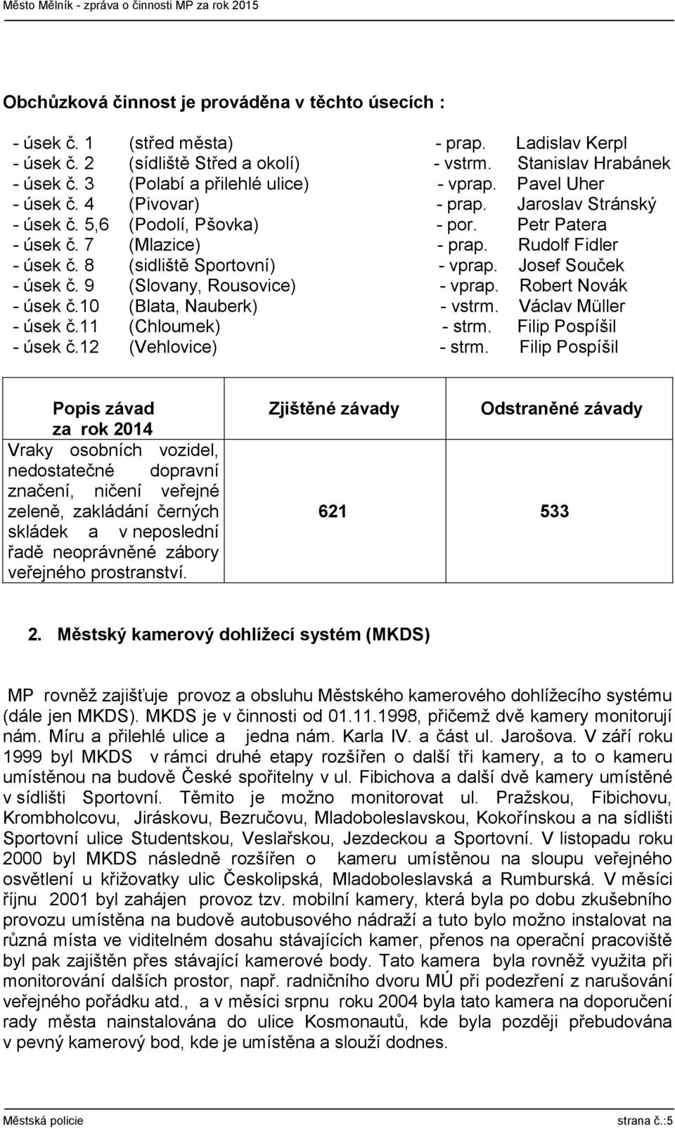 8 (sidliště Sportovní) - vprap. Josef Souček - úsek č. 9 (Slovany, Rousovice) - vprap. Robert Novák - úsek č.10 (Blata, Nauberk) - vstrm. Václav Müller - úsek č.11 (Chloumek) - strm.