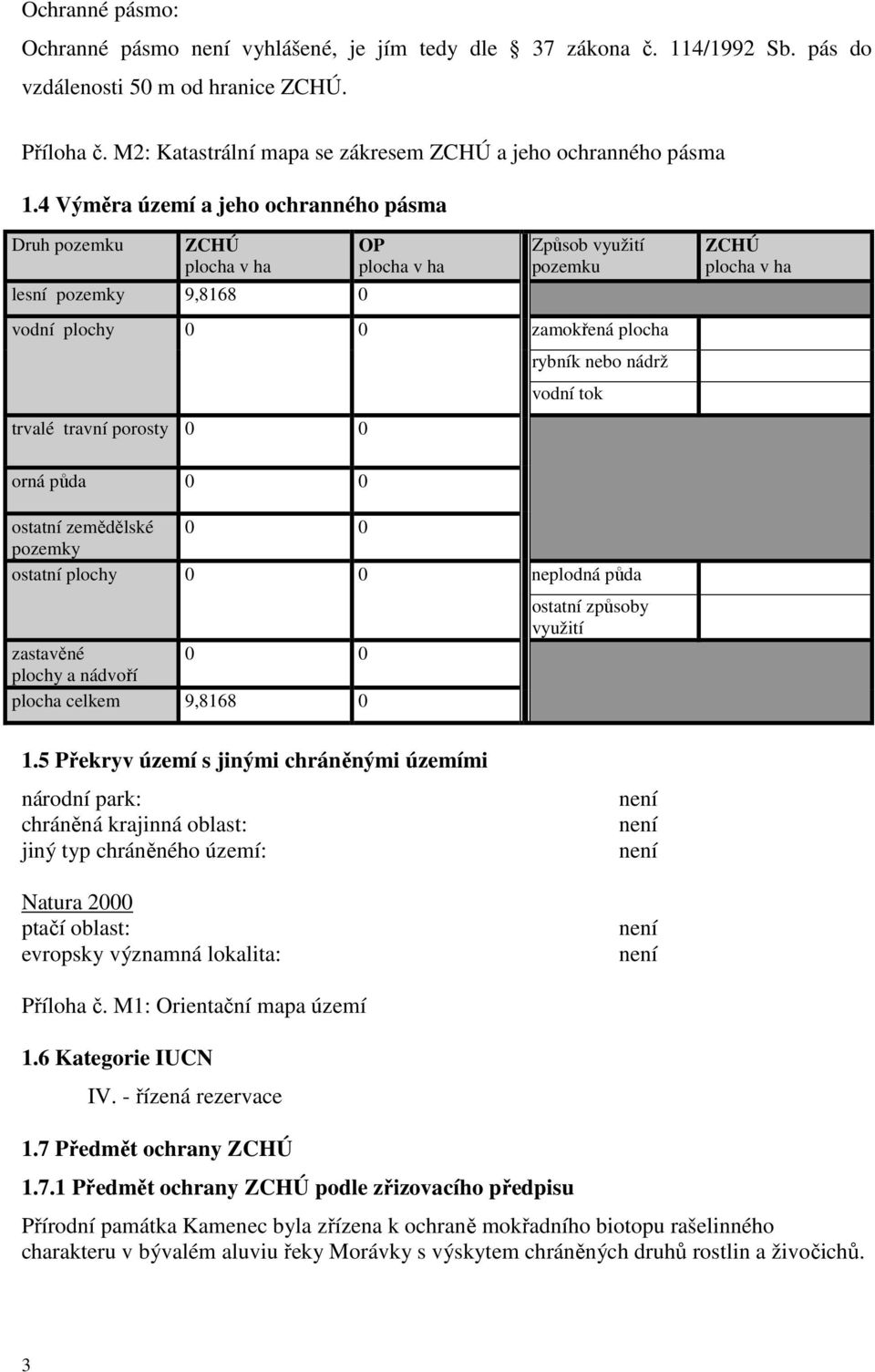 4 Výměra území a jeho ochranného pásma Druh pozemku ZCHÚ plocha v ha lesní pozemky 9,8168 0 OP plocha v ha Způsob využití pozemku vodní plochy 0 0 zamokřená plocha trvalé travní porosty 0 0 rybník