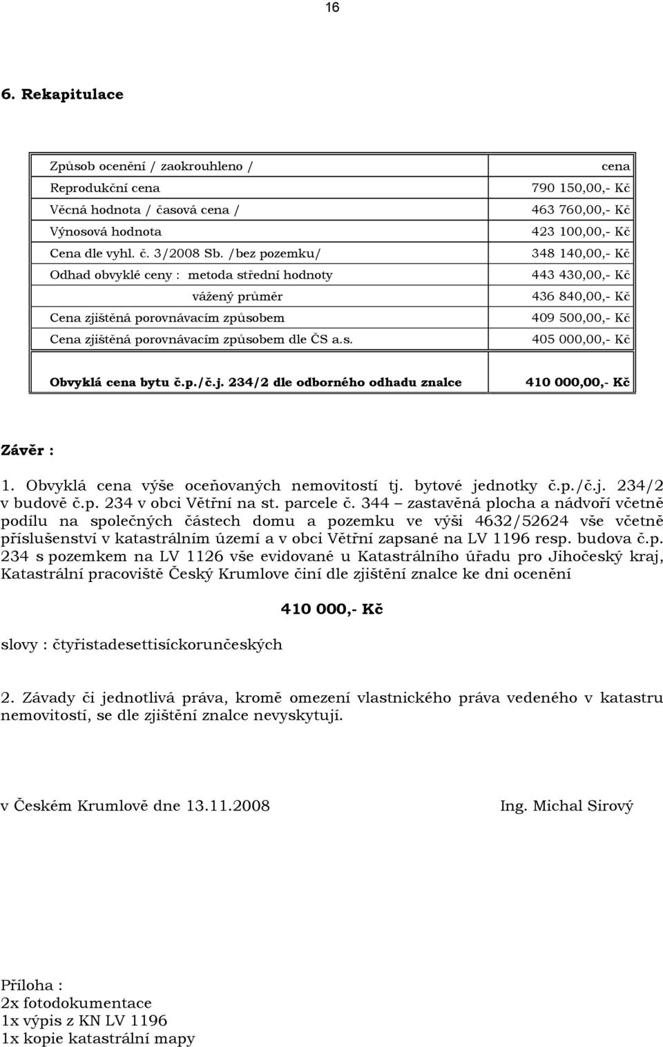 způsobem dle ČS a.s. 405 000,00,- Kč Obvyklá cena bytu č.p./č.j. 234/2 dle odborného odhadu znalce 410 000,00,- Kč Závěr : 1. Obvyklá cena výše oceňovaných nemovitostí tj. bytové jednotky č.p./č.j. 234/2 v budově č.