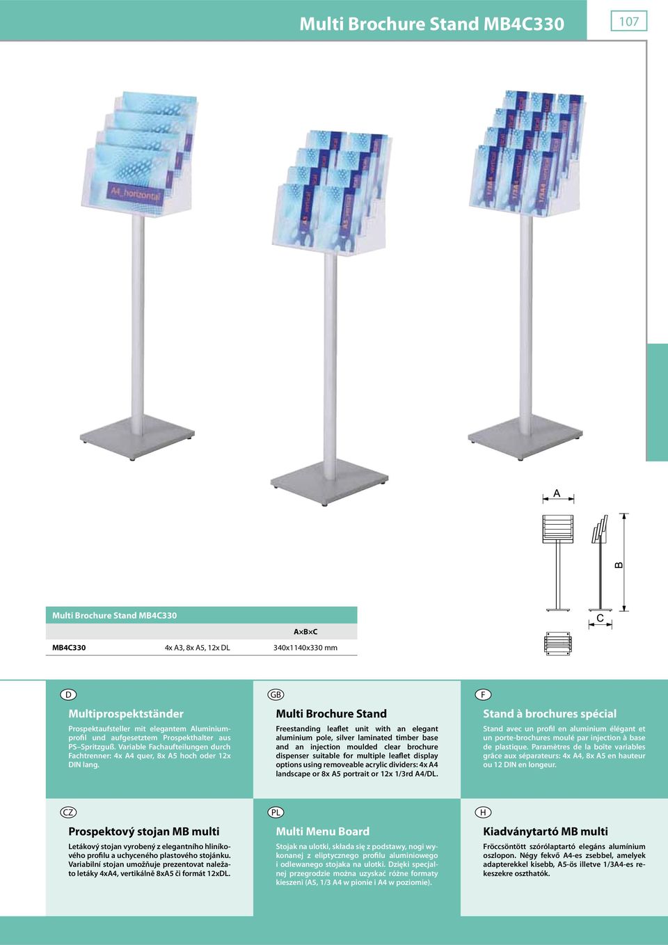 Multi Brochure Stand reestanding leaflet unit with an elegant aluminium pole, silver laminated timber base and an injection moulded clear brochure dispenser suitable for multiple leaflet display
