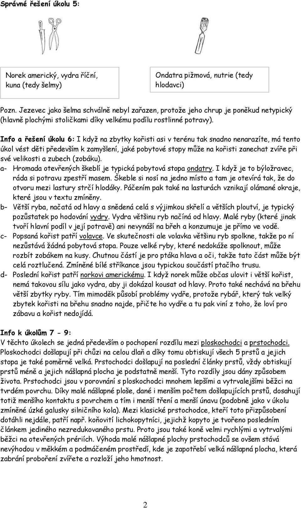 Info a řešení úkolu 6: I když na zbytky kořisti asi v terénu tak snadno nenarazíte, má tento úkol vést děti především k zamyšlení, jaké pobytové stopy může na kořisti zanechat zvíře při své velikosti