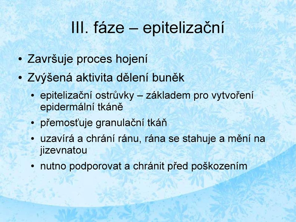 epidermální tkáně přemosťuje granulační tkáň uzavírá a chrání