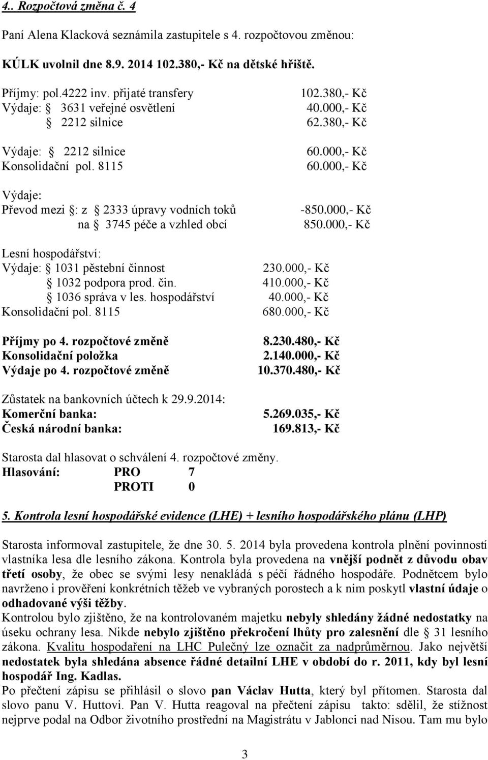 000,- Kč 60.000,- Kč -850.000,- Kč 850.000,- Kč Lesní hospodářství: Výdaje: 1031 pěstební činnost 230.000,- Kč 1032 podpora prod. čin. 410.000,- Kč 1036 správa v les. hospodářství 40.