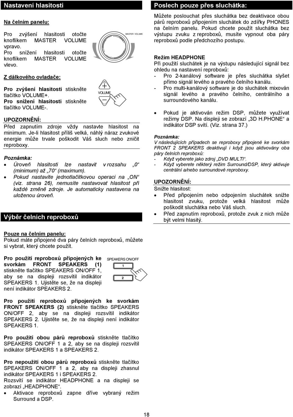 + VOLUME MASTER VOLUME UPOZORNĚNÍ: Před zapnutím zdroje vždy nastavte hlasitost na minimum.
