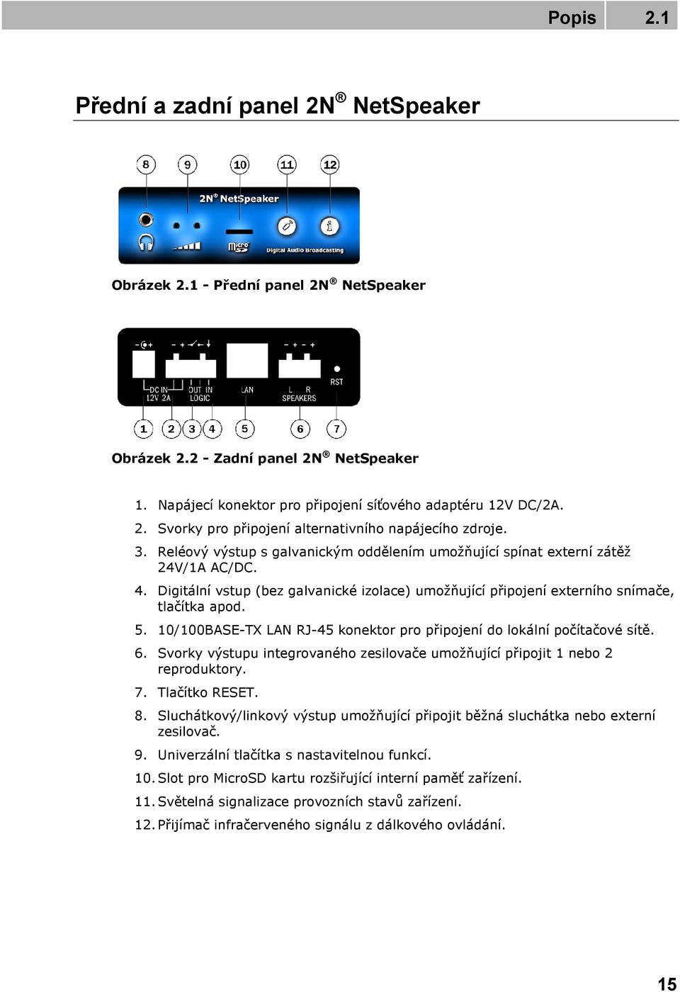 10/100BASE-TX LAN RJ-45 konektor pro připojení do lokální počítačové sítě. 6. Svorky výstupu integrovaného zesilovače umožňující připojit 1 nebo 2 reproduktory. 7. Tlačítko RESET. 8.