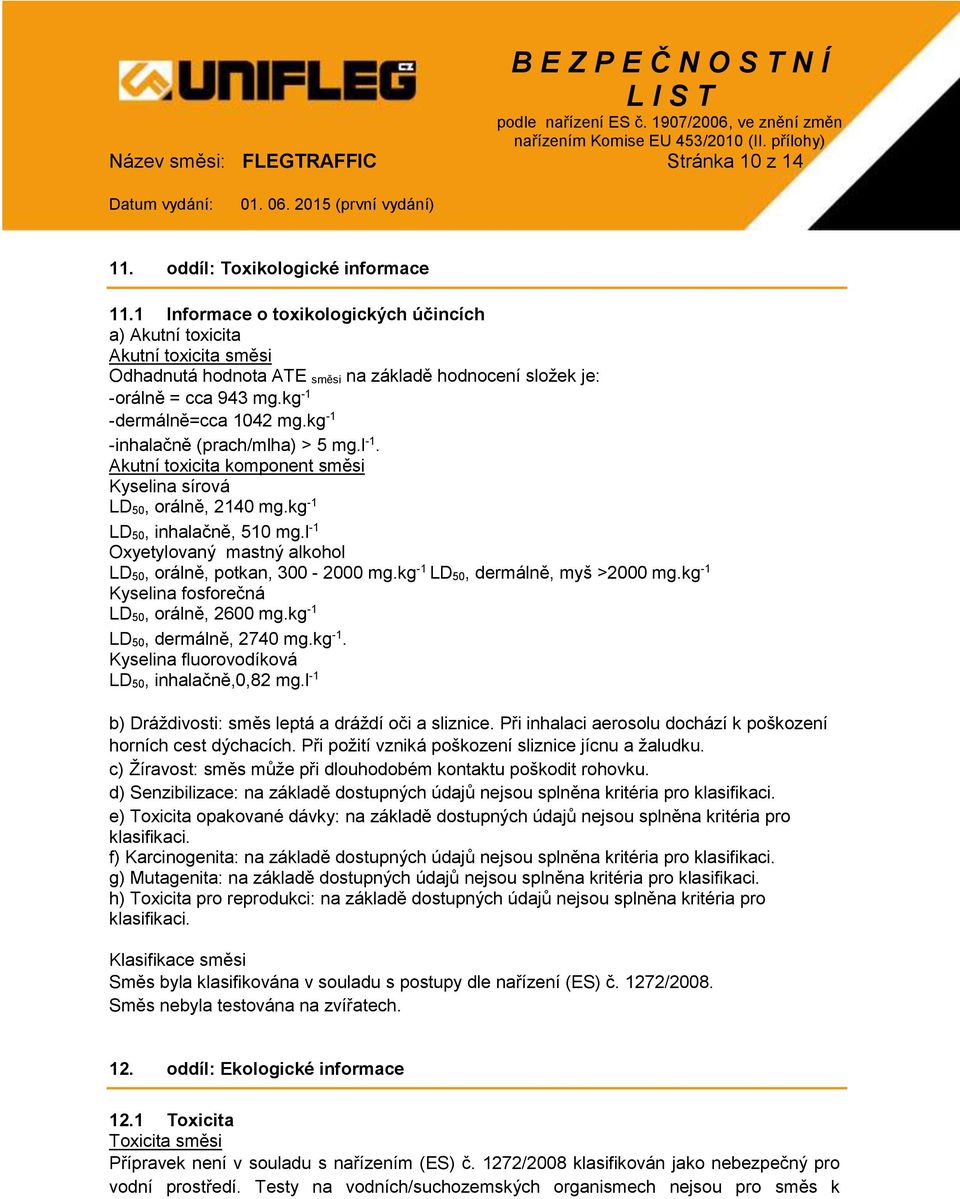 kg -1 -inhalačně (prach/mlha) > 5 mg.l -1. Akutní toxicita komponent směsi Kyselina sírová LD 50, orálně, 2140 mg.kg -1 LD 50, inhalačně, 510 mg.