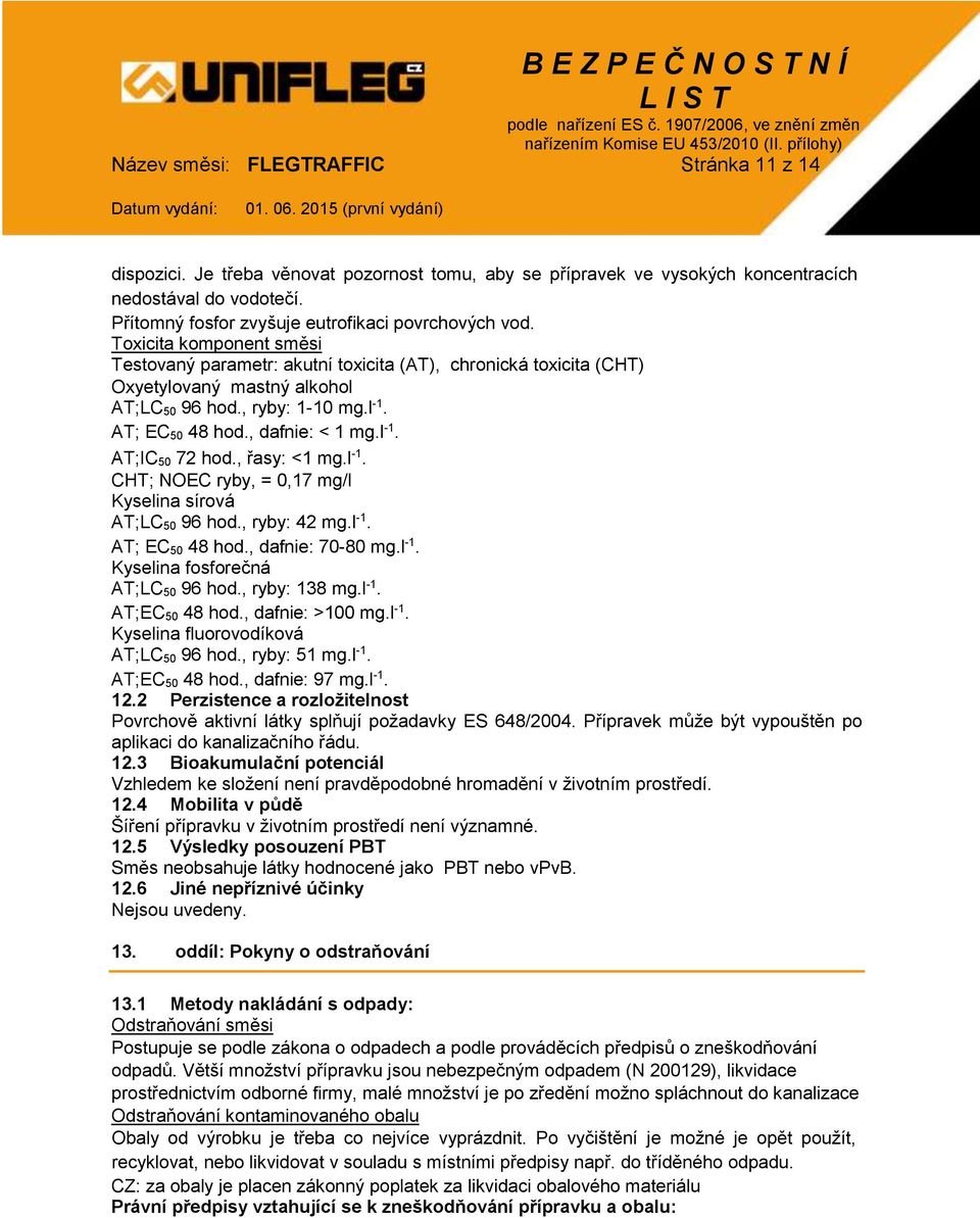 , ryby: 1-10 mg.l -1. AT; EC 50 48 hod., dafnie: < 1 mg.l -1. AT;IC 50 72 hod., řasy: <1 mg.l -1. CHT; NOEC ryby, = 0,17 mg/l Kyselina sírová AT;LC 50 96 hod., ryby: 42 mg.l -1. AT; EC 50 48 hod., dafnie: 70-80 mg.