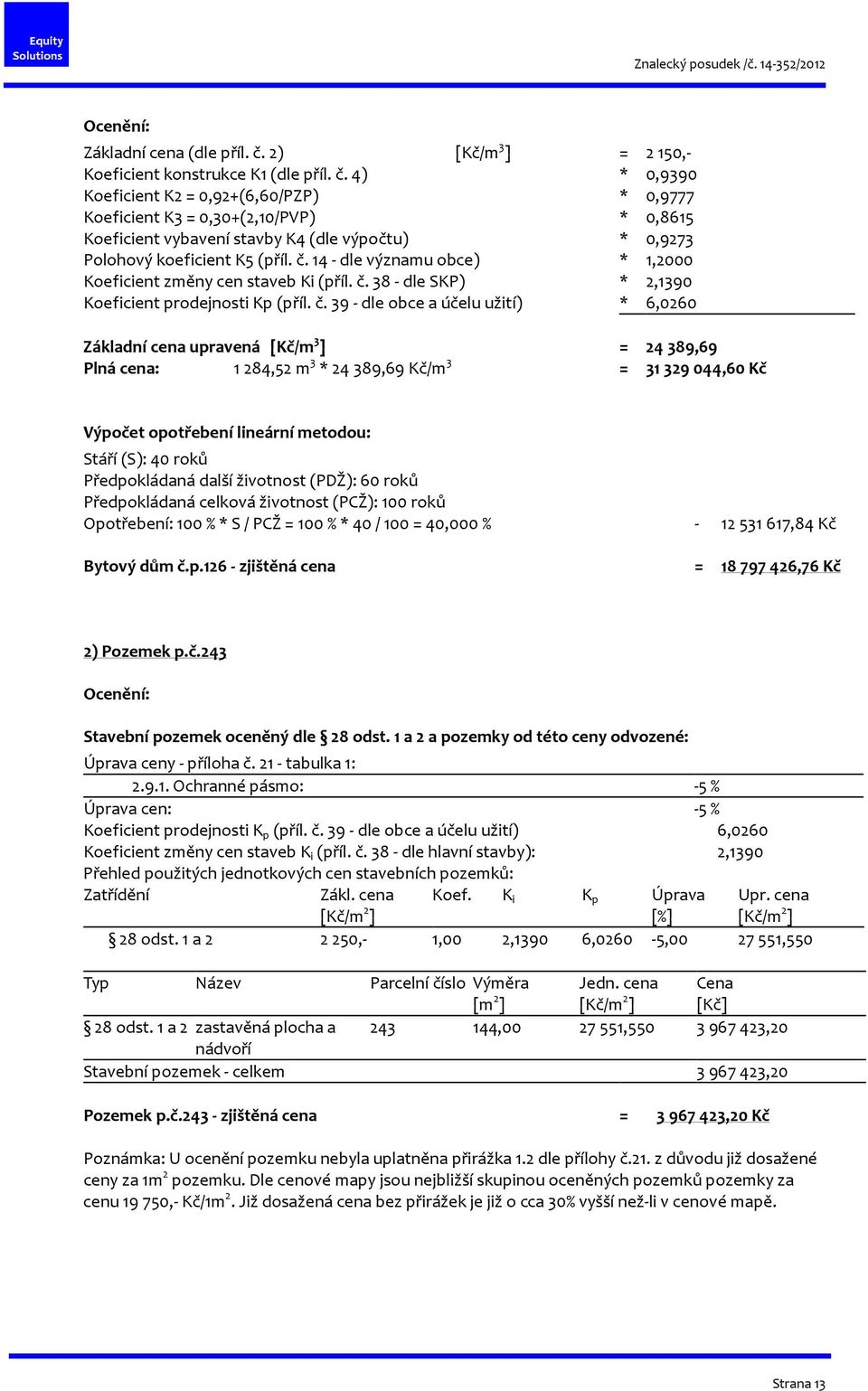 4) * 0,9390 Koeficient K2 = 0,92+(6,60/PZP) * 0,9777 Koeficient K3 = 0,30+(2,10/PVP) * 0,8615 Koeficient vybavení stavby K4 (dle výpočtu) * 0,9273 Polohový koeficient K5 (příl. č.