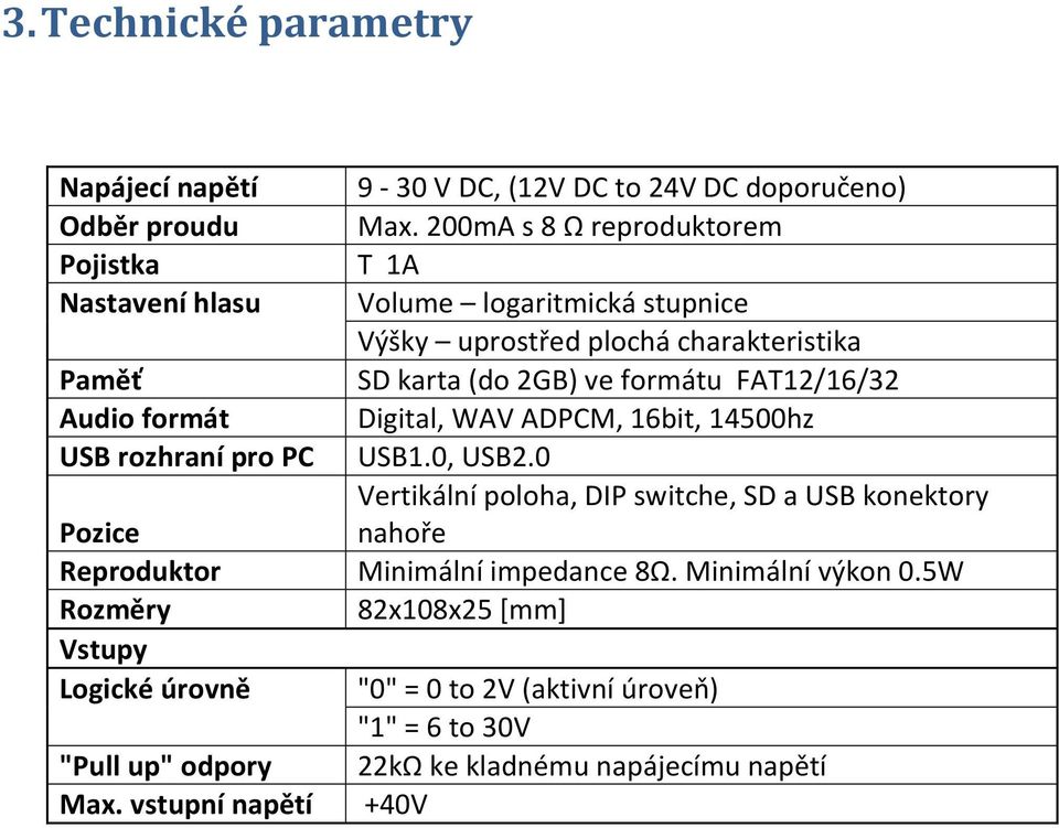 FAT12/16/32 Audio formát Digital, WAV ADPCM, 16bit, 14500hz USB rozhraní pro PC USB1.0, USB2.