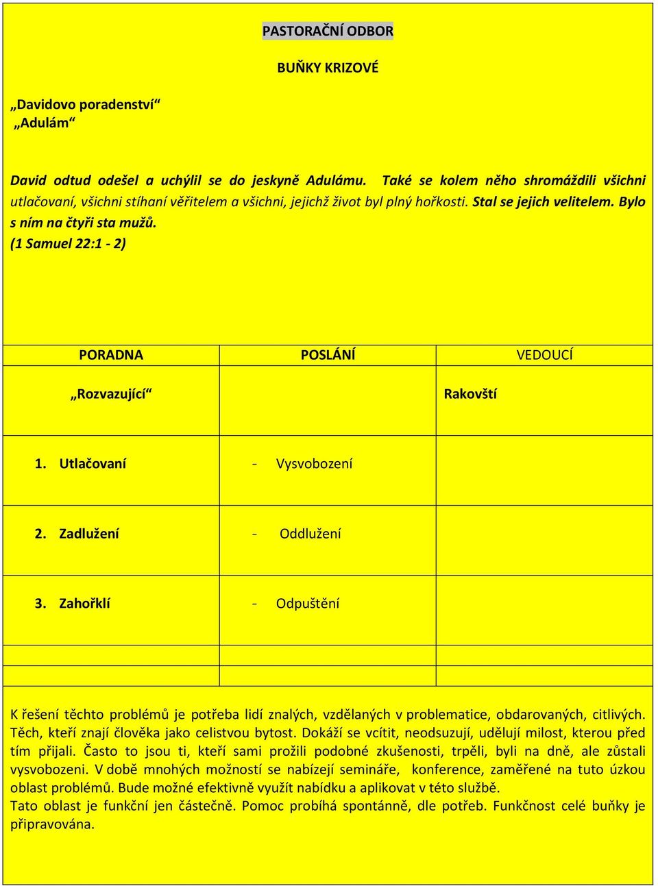 (1 Samuel 22:1-2) PORADNA POSLÁNÍ VEDOUCÍ Rozvazující Rakovští 1. Utlačovaní - Vysvobození 2. Zadlužení - Oddlužení 3.