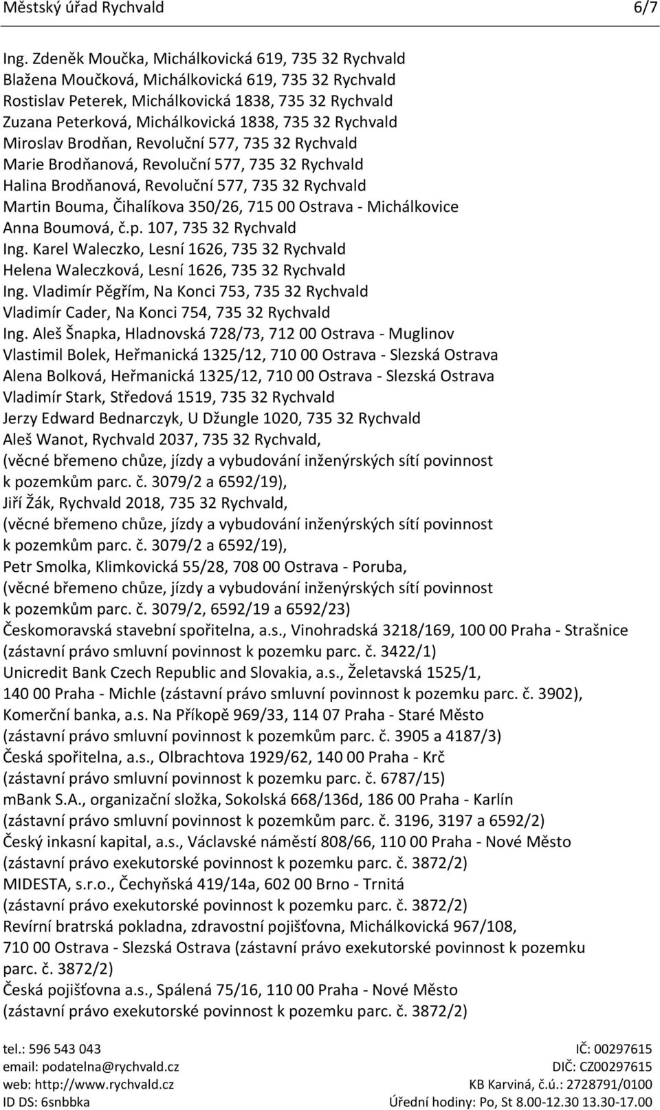 32 Rychvald Miroslav Brodňan, Revoluční 577, 735 32 Rychvald Marie Brodňanová, Revoluční 577, 735 32 Rychvald Halina Brodňanová, Revoluční 577, 735 32 Rychvald Martin Bouma, Čihalíkova 350/26, 715 00