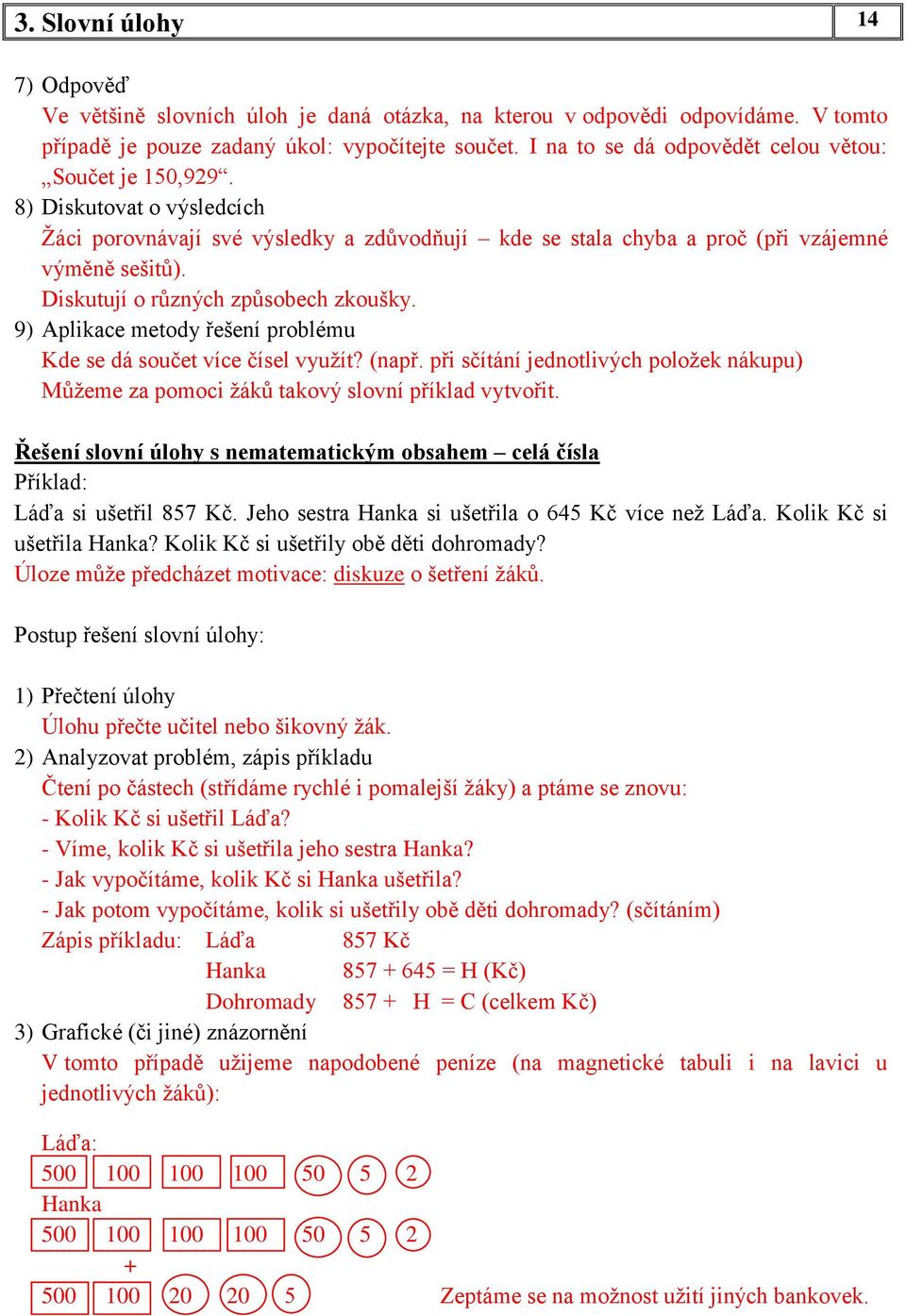 Diskutují o různých způsobech zkoušky. 9) Aplikace metody řešení problému Kde se dá součet více čísel využít? (např.