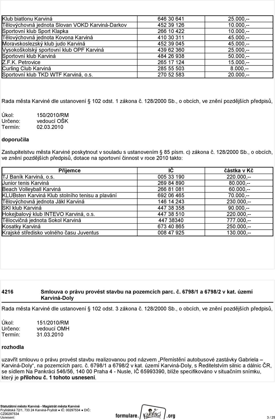 000,-- Sportovní klub Karviná 484 26 938 50.000,-- Z.F.K. Petrovice 265 17 124 15.000,-- Curling Club Karviná 285 55 503 8.000,-- Sportovní klub TKD WTF Karviná, o.s. 270 52 583 20.