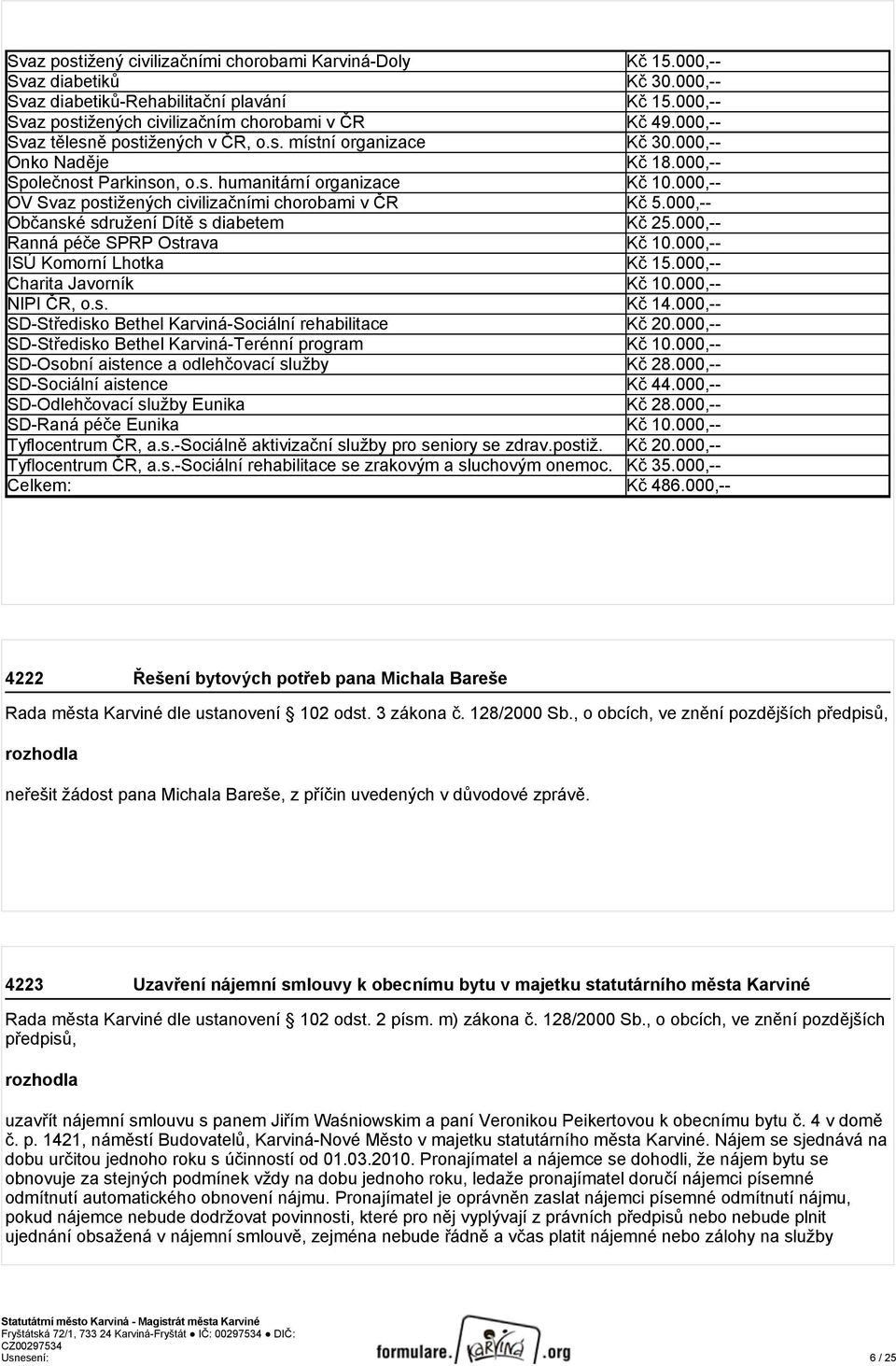 000,-- OV Svaz postižených civilizačními chorobami v ČR Kč 5.000,-- Občanské sdružení Dítě s diabetem Kč 25.000,-- Ranná péče SPRP Ostrava Kč 10.000,-- ISÚ Komorní Lhotka Kč 15.