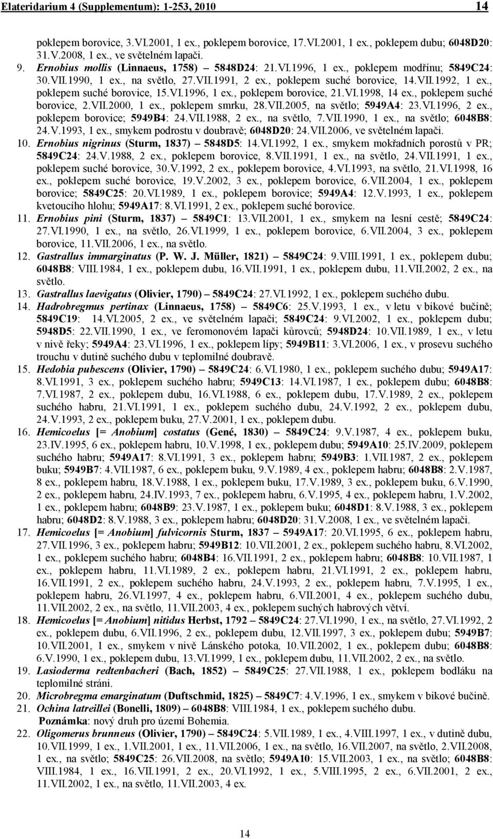 , poklepem suché borovice, 15.VI.1996, 1 ex., poklepem borovice, 21.VI.1998, 14 ex., poklepem suché borovice, 2.VII.2000, 1 ex., poklepem smrku, 28.VII.2005, na světlo; 5949A4: 23.VI.1996, 2 ex.