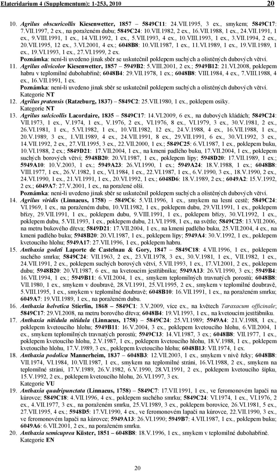 , 11.VI.1989, 1 ex., 19.VII.1989, 1 ex., 19.VI.1993, 1 ex., 27.VI.1999, 2 ex. Poznámka: není-li uvedeno jinak sběr se uskutečnil poklepem suchých a olistěných dubových větví. 11. Agrilus olivicolor Kiesenwetter, 1857 5949B2: 5.