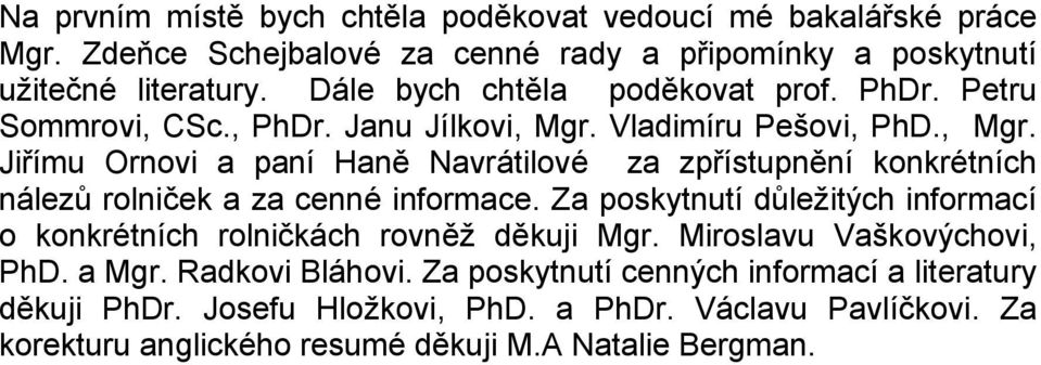 Vladimíru Pešovi, PhD., Mgr. Jiřímu Ornovi a paní Haně Navrátilové za zpřístupnění konkrétních nálezů rolniček a za cenné informace.