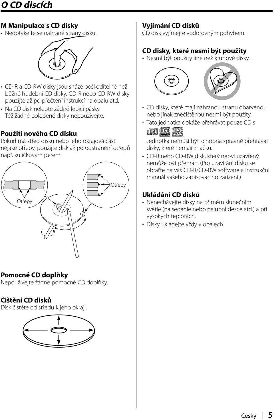 CD-R nebo CD-RW disky použijte až po přečtení instrukcí na obalu atd. Na CD disk nelepte žádné lepicí pásky. Též žádné polepené disky nepoužívejte.