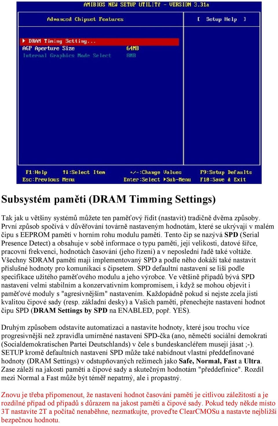 Tento čip se nazývá SPD (Serial Presence Detect) a obsahuje v sobě informace o typu paměti, její velikosti, datové šířce, pracovní frekvenci, hodnotách časování (jeho řízení) a v neposlední řadě také