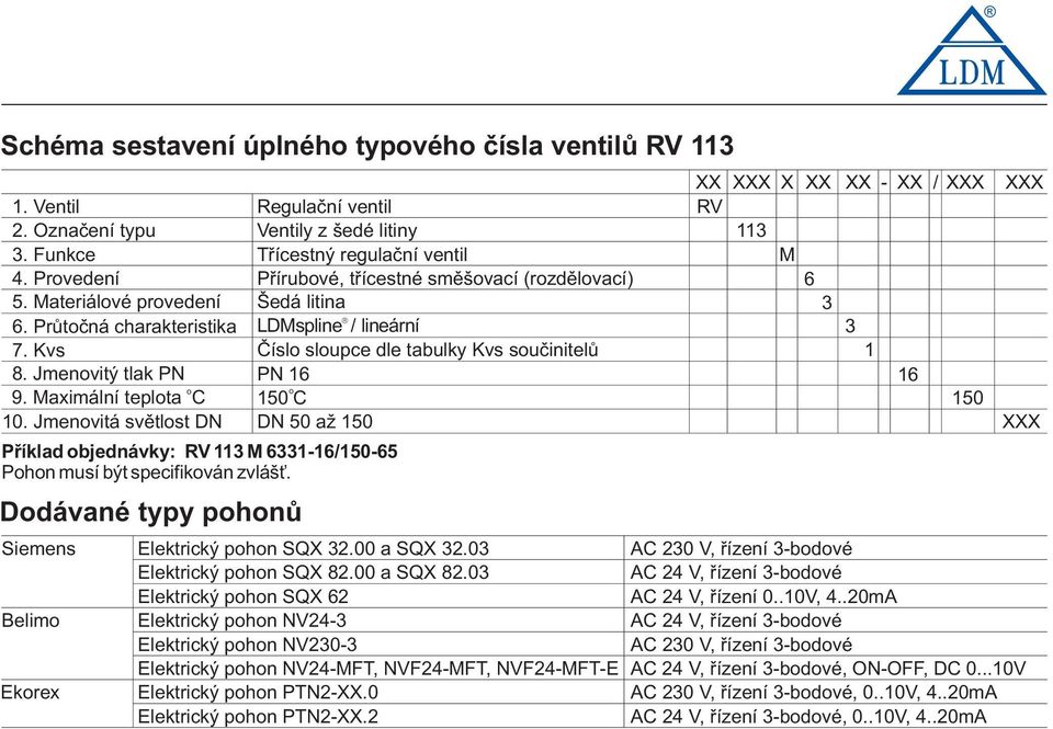 Jmenvitý tlak PN PN 6 9. Maximální teplta C 50 C 0. Jmenvitá světlst DN DN 50 až 50 Příklad bjednávky: RV 3 M 633-6/50-65 Phn musí být specifikván zvlášť.