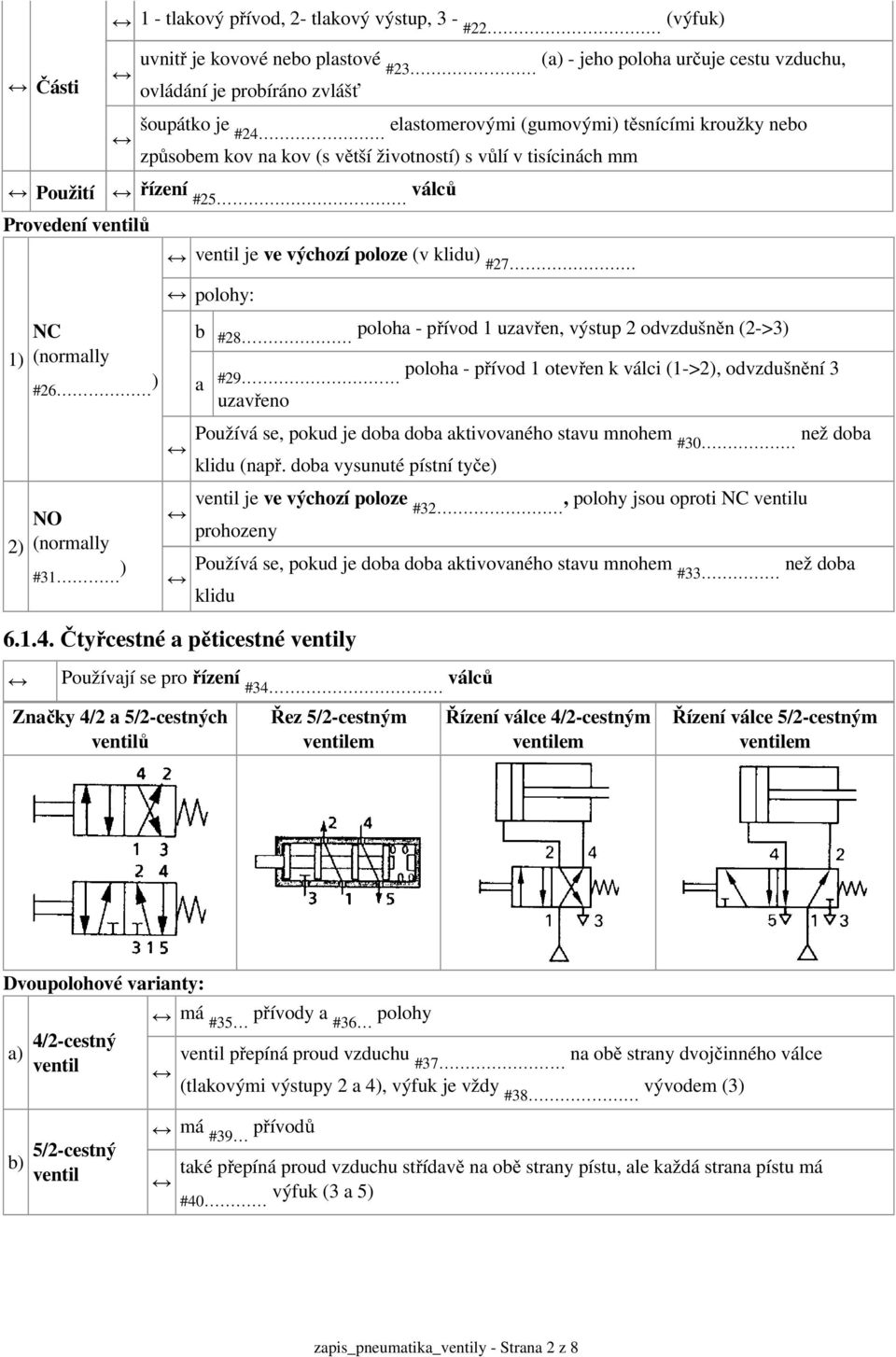 2) NC (normally #26 ) NO (normally #31 ) polohy: b #28 poloha - přívod 1 uzavřen, výstup 2 odvzdušněn (2->3) a #29 poloha - přívod 1 otevřen k válci (1->2), odvzdušnění 3 uzavřeno Používá se, pokud