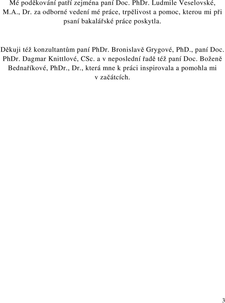 Děkuji též konzultantům paní PhDr. Bronislavě Grygové, PhD., paní Doc. PhDr. Dagmar Knittlové, CSc.