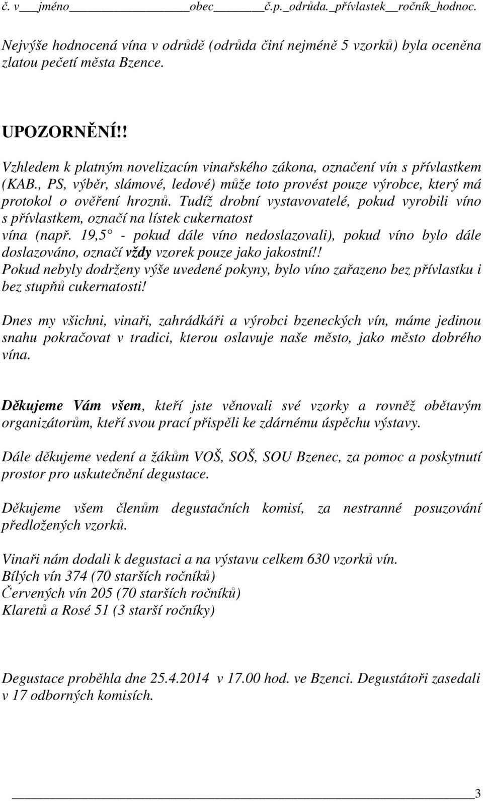 Tudíž drobní vystavovatelé, pokud vyrobili víno s přívlastkem, označí na lístek cukernatost vína (např.