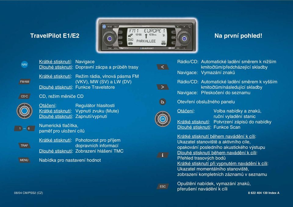 Funkce Travelstore CD, reïim mûniãe CD Otáãení: Regulátor hlasitosti Krátké stisknutí: Vypnutí zvuku (Mute) Dlouhé stisknutí: Zapnutí/vypnutí Numerická tlaãítka, pamûè pro uloïení cílû Krátké