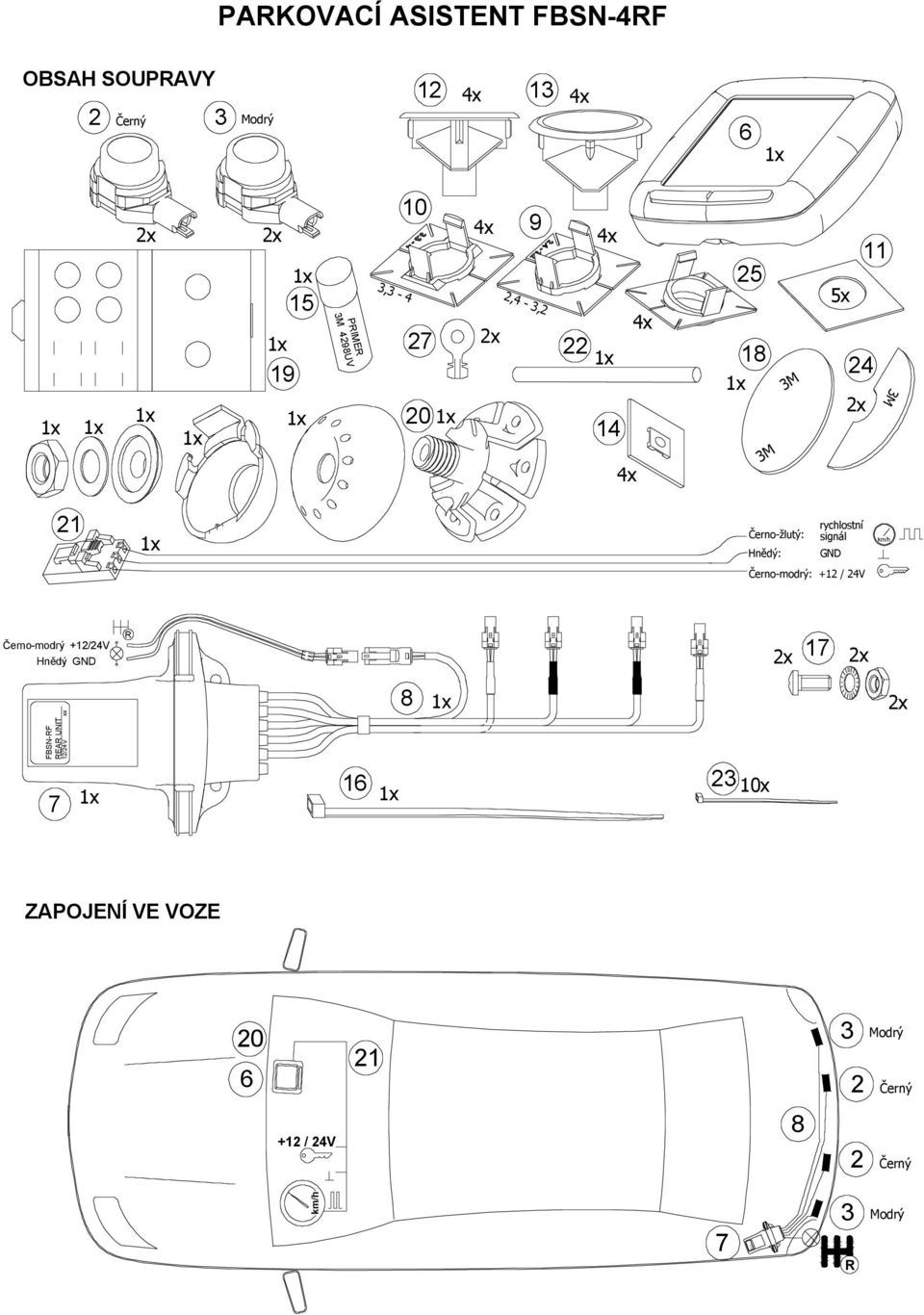 Černo-modrý: +12 / 24V Černo-modrý +12/24V Hnědý GND R 17 FBSN-RF REAR UNIT 12/24V xx 8 7 16 23 10x