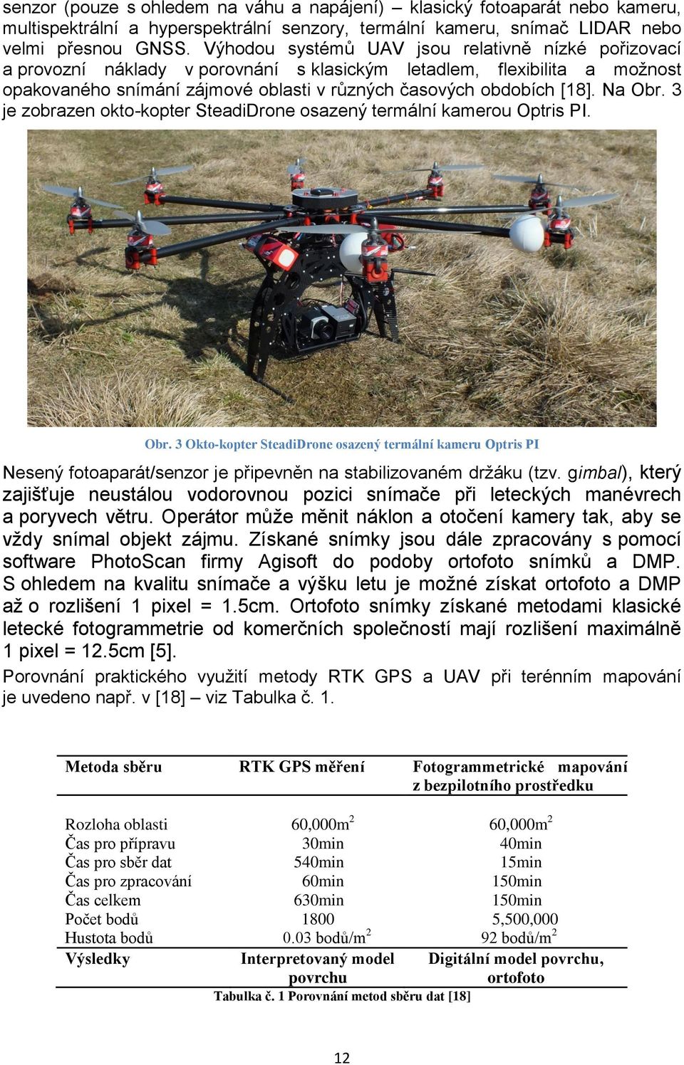 Na Obr. 3 je zobrazen okto-kopter SteadiDrone osazený termální kamerou Optris PI. Obr. 3 Okto-kopter SteadiDrone osazený termální kameru Optris PI Nesený fotoaparát/senzor je připevněn na stabilizovaném držáku (tzv.