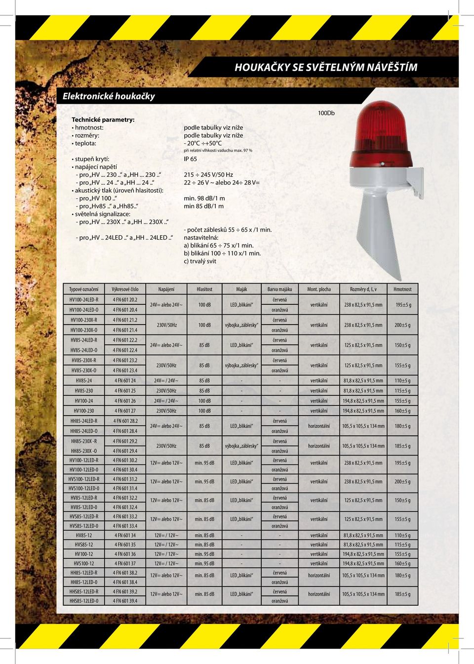 98 db/1 m pro Hv85.. a Hh85.. min 85 db/1 m světelná signalizace: pro HV... 230X.. a HH... 230X.. počet záblesků 55 65 x /1 min. pro HV.. 24LED.. a HH.. 24LED.. nastavitelná: a) blikání 65 75 x/1 min.