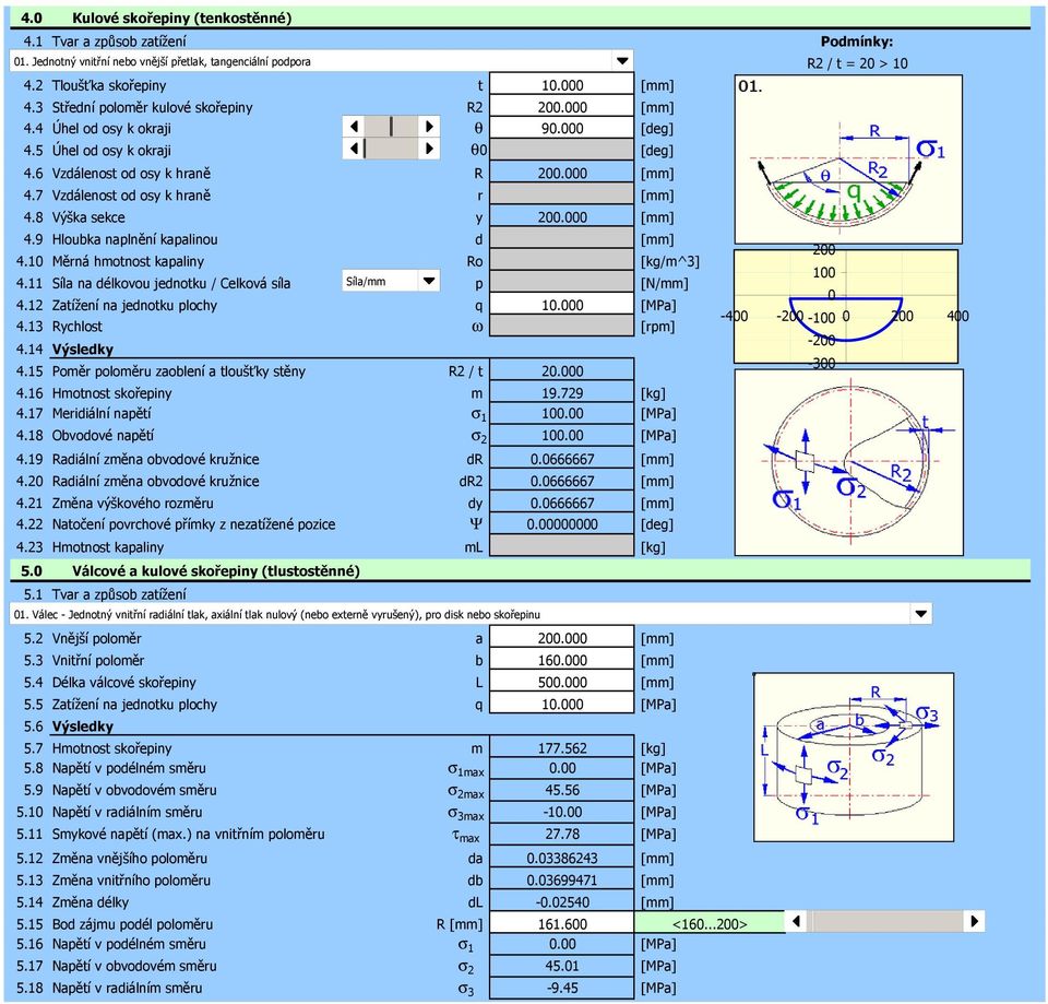 2 [mm] 4.1 Měrná hmotnost kapaliny Ro 999.554 [kg/m^3] 4.11 Síla na délkovou jednotku / Celková síla Síla/mm p 44.482 [N/mm] 4.12 Zatížení na jednotku plochy q 1. [MPa] 4.13 Rychlost ω 1. [rpm] 4.